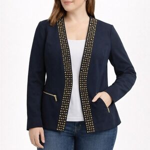 MICHAEL KORS Navy Blue Jacket Women's Size 6 Studded Collar Zip Pocket Blazer